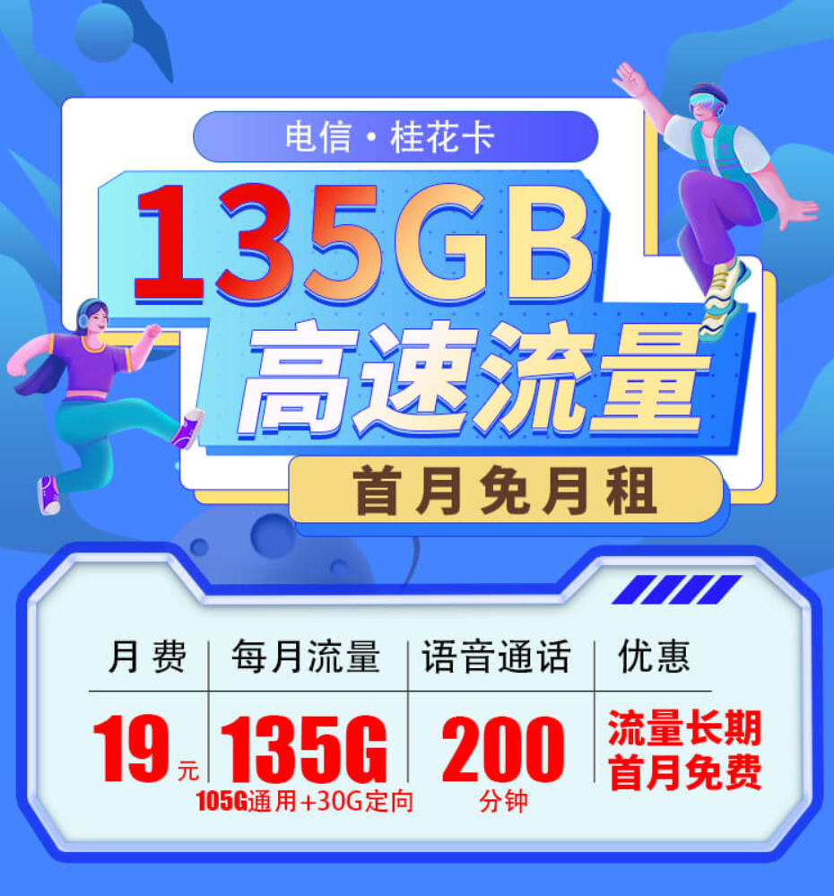 中国电信桂花卡：19元135G流量与200分钟通话的超值套餐!