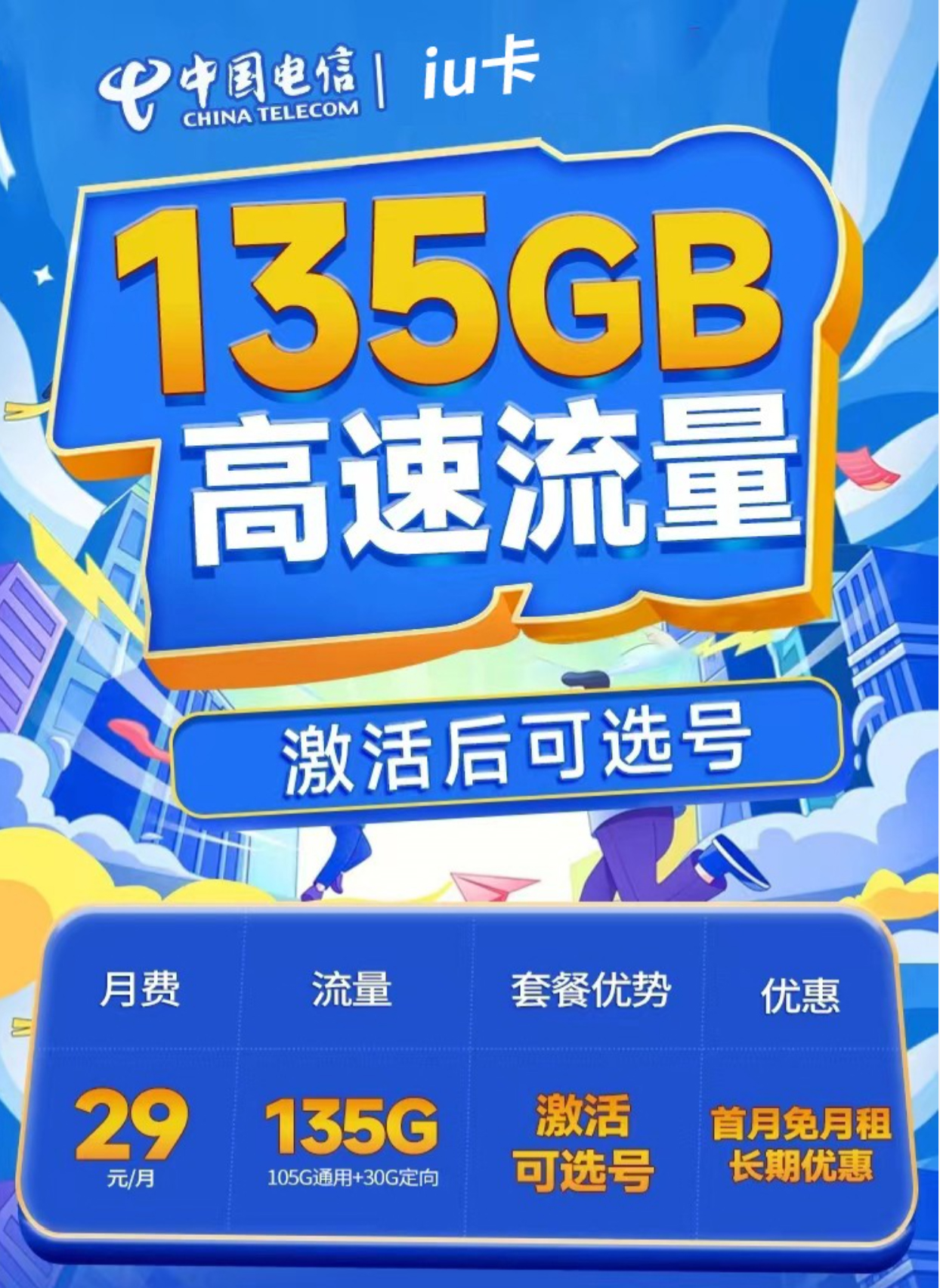 中国电信 IU 卡：29元135G流量、100分钟通话，支持选号的超值套餐