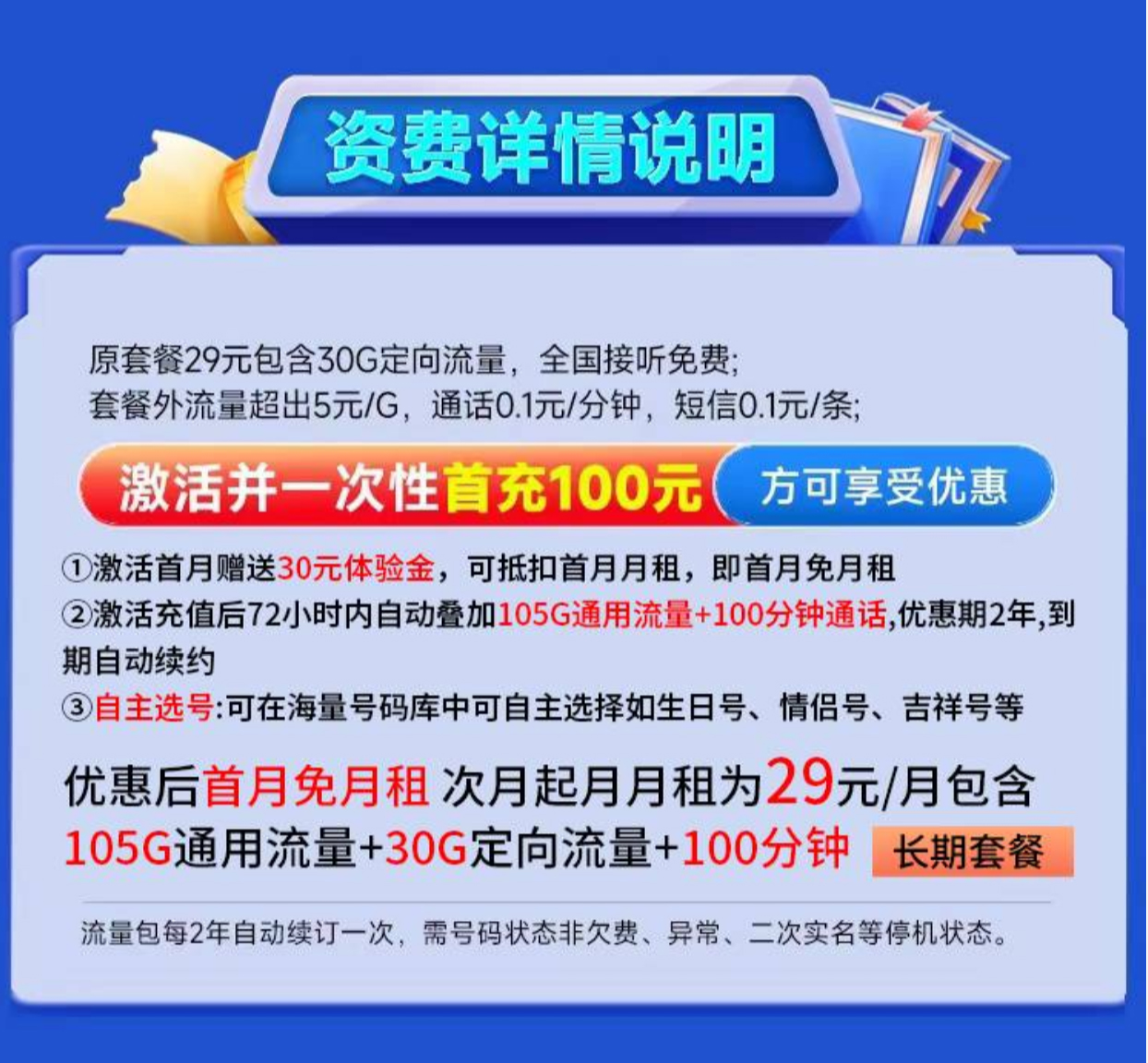 中国电信 IU 卡：29元135G流量、100分钟通话，支持选号的超值套餐