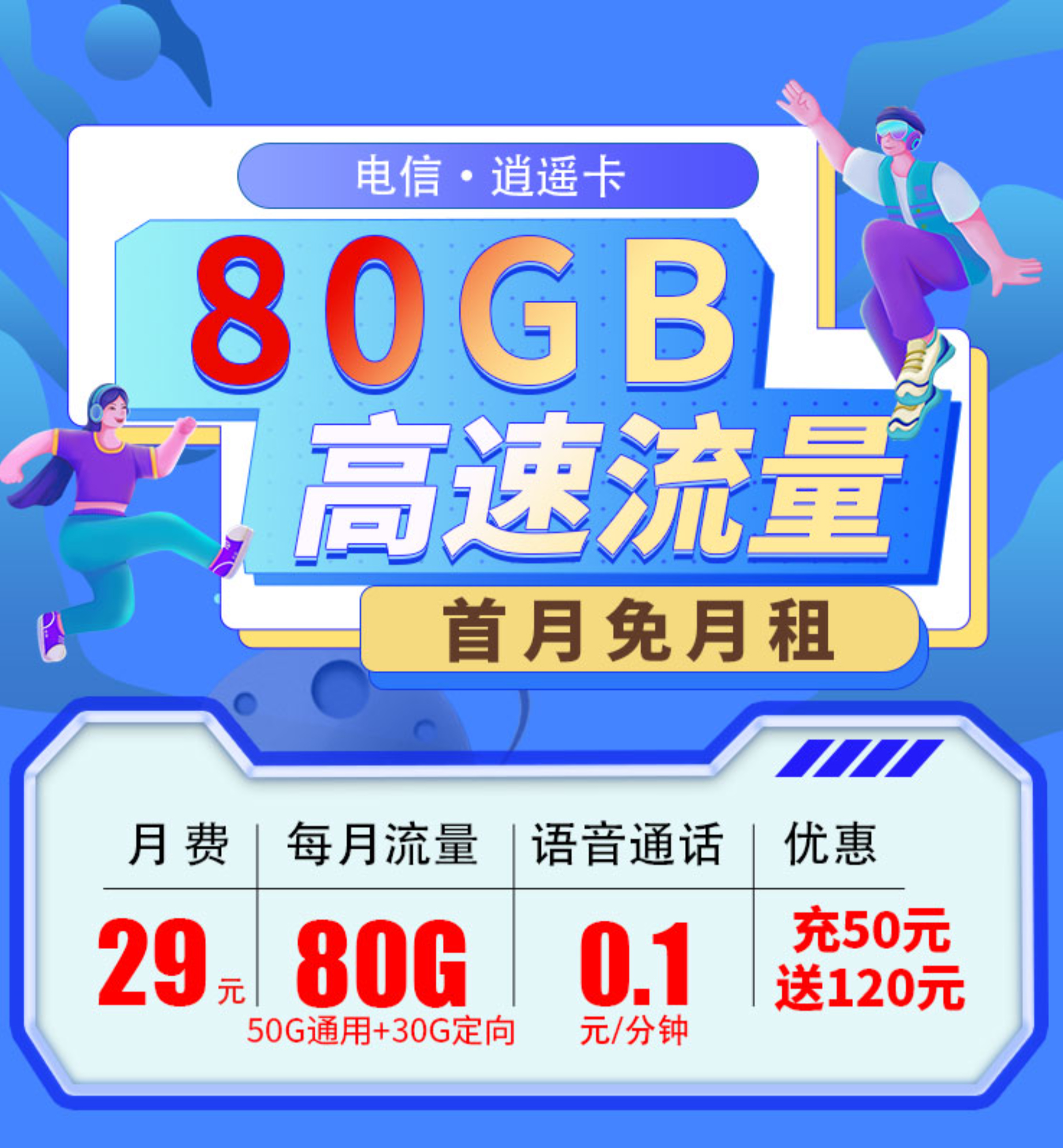 电信逍遥卡超值福利：仅需29元即可享受80G超大流量，随时随地畅快上网，解锁无限精彩网络体验！