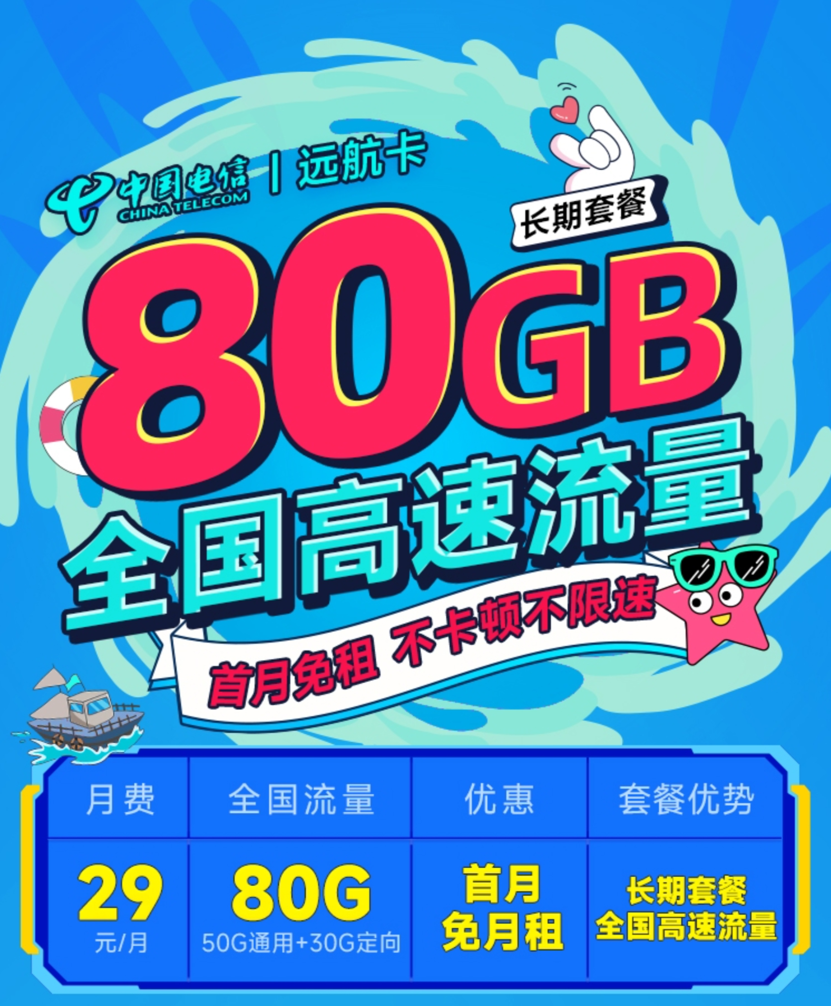 电信远航卡超值套餐：29元畅享80G超大流量，无合约限制，支持自主选号，轻松畅游网络新体验！